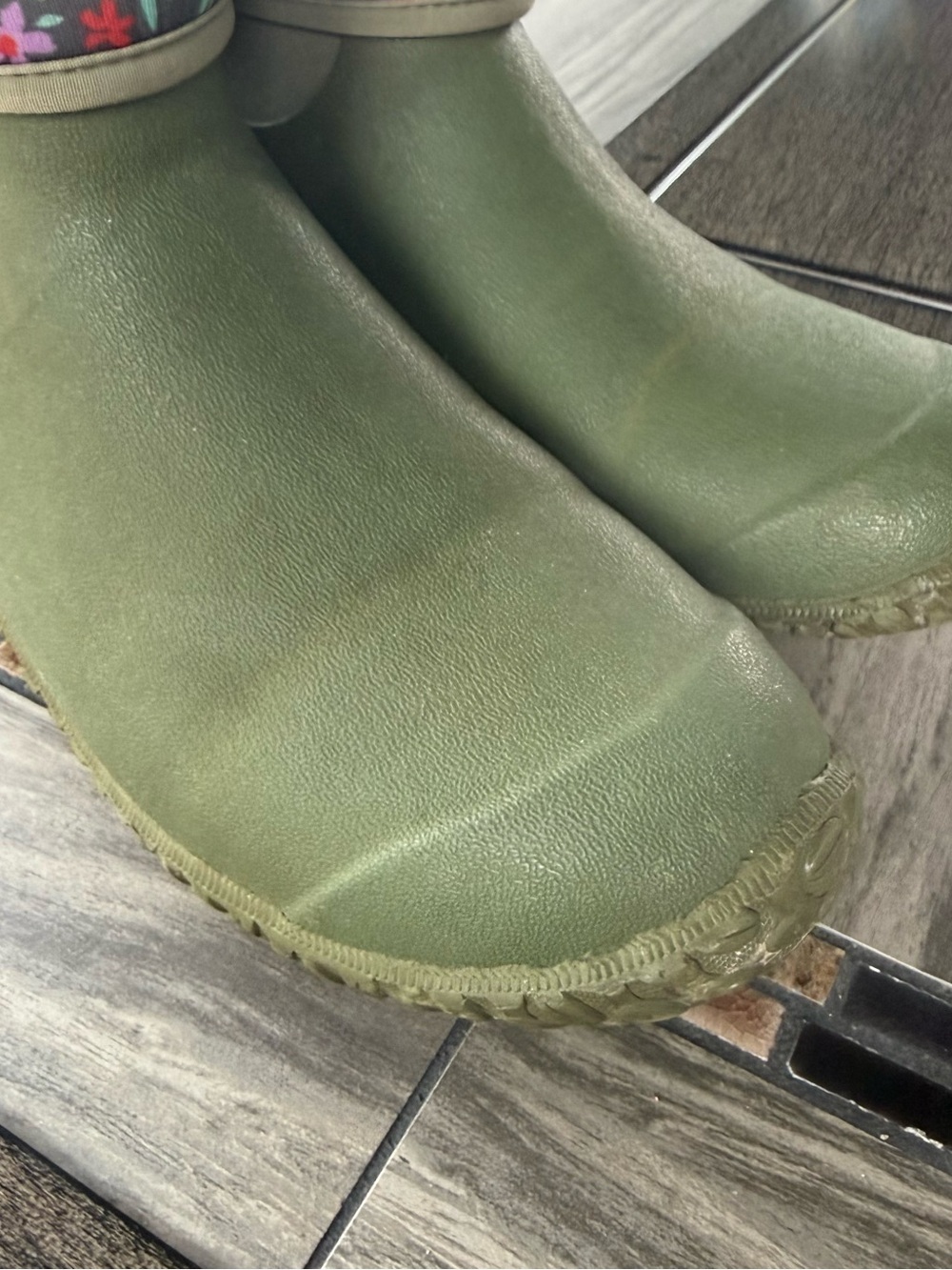 Womens Olive Green Waterproof Ankle Rain Boots with Floral Cuff - Picture 3 of 8